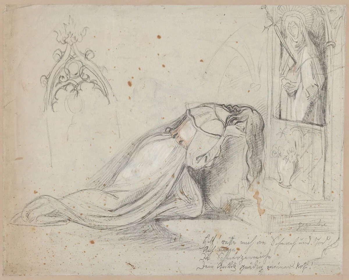 Gretchen in Prayer before a Statue of the Mater Dolorosa (recto); Studies of a Woman and Man's Head (verso) — Theodor Richard Edward von Holst