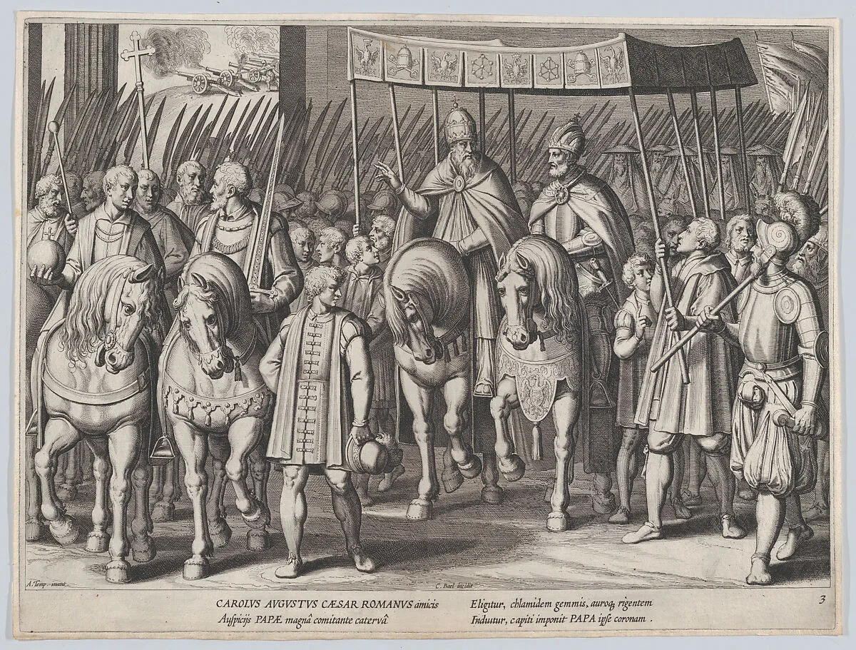 Plate 3: Charles V Crowned Emperor entering Rome with the Pope, from the Triumphs of Charles V — Cornelis Boel|Antonio Tempesta