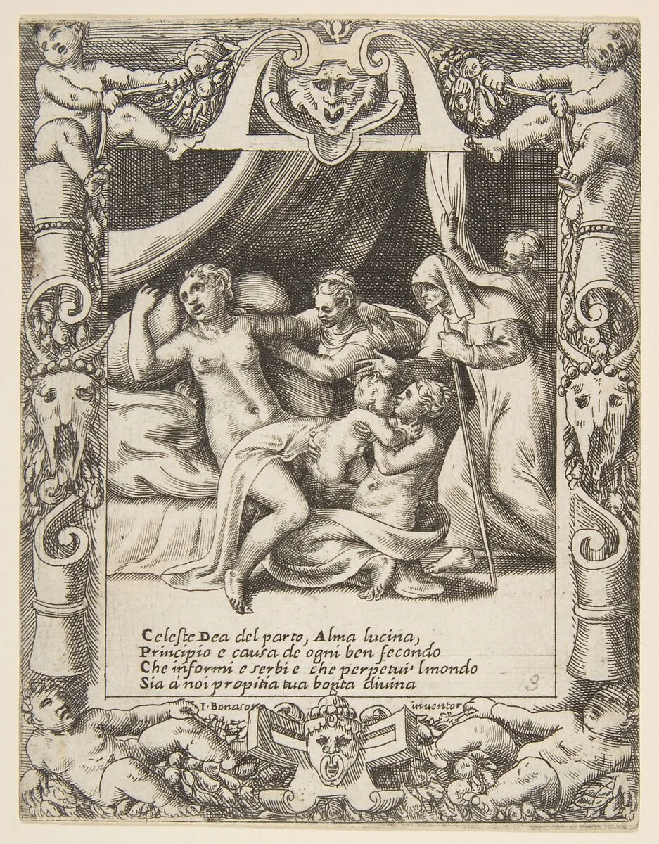 A woman in labor imploring the aid of Lucina set within a decorative cartouche, from "Loves, Rages and Jealousies of Juno" — Giulio Bonasone