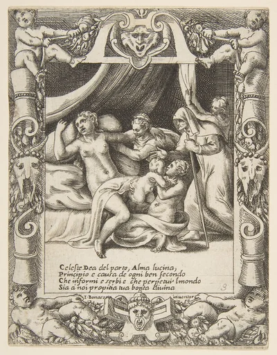 A woman in labor imploring the aid of Lucina set within a decorative cartouche, from "Loves, Rages and Jealousies of Juno"