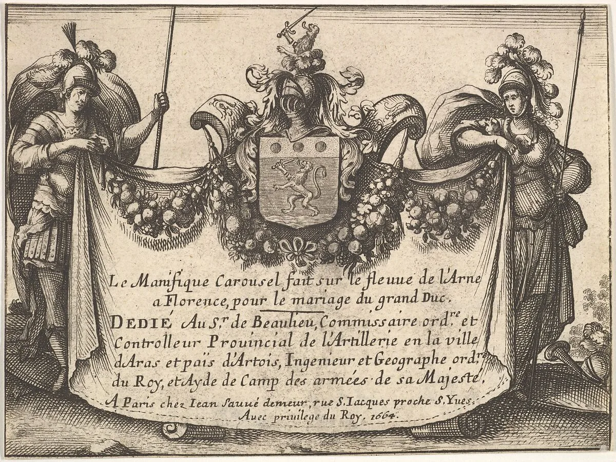 Title page from 'The magnificent pageant on the Arno in Florence for the marriage of the Grand Duke' (Le Magnifique carousel fait sur le fleuve de l'Arne a Florence, pour le mariage du Grand Duc); two figures holding a curtain inscribed with title and other details — Giulio Parigi|Anonymous|Remigio Cantagallina|Jean Sauvé