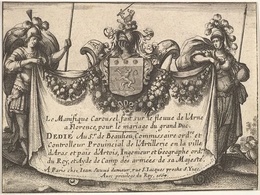 Title page from 'The magnificent pageant on the Arno in Florence for the marriage of the Grand Duke' (Le Magnifique carousel fait sur le fleuve de l'Arne a Florence, pour le mariage du Grand Duc); two figures holding a curtain inscribed with title and other details