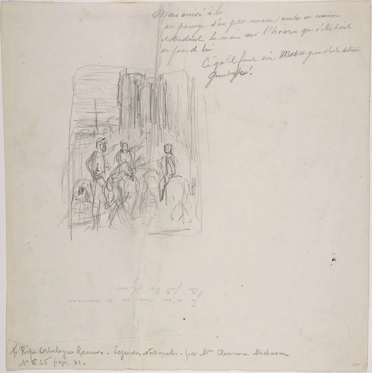 Three figures on horseback with indications at right — Félicien Rops