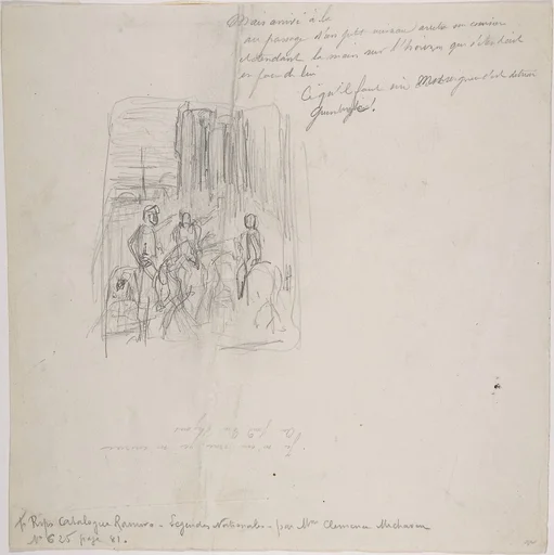 Three figures on horseback with indications at right