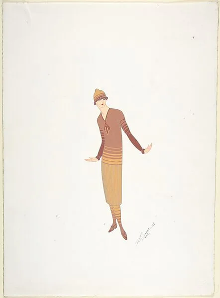 Design for Davidow, New York: Hat with Horizontal Strips of Gold and Rust, Stockings, Shoes and a V-Neck Sweater over Pleated Skirt — Erté (Romain de Tirtoff)