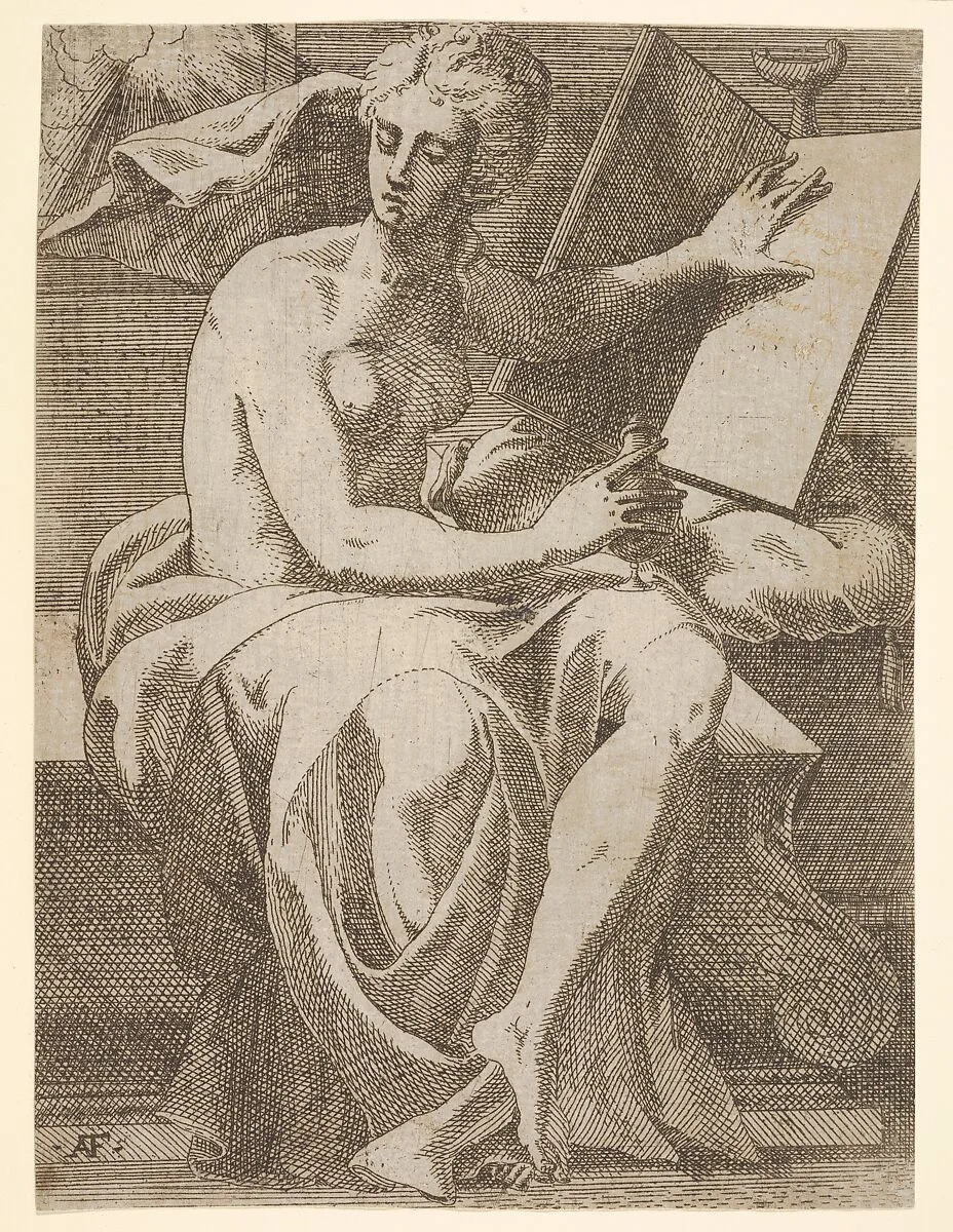 Sibyl seated before an open book upon which she rests her left hand, she twists her face away from the book and holds a vessel in her right hand — Antonio Fantuzzi|Francesco Primaticcio