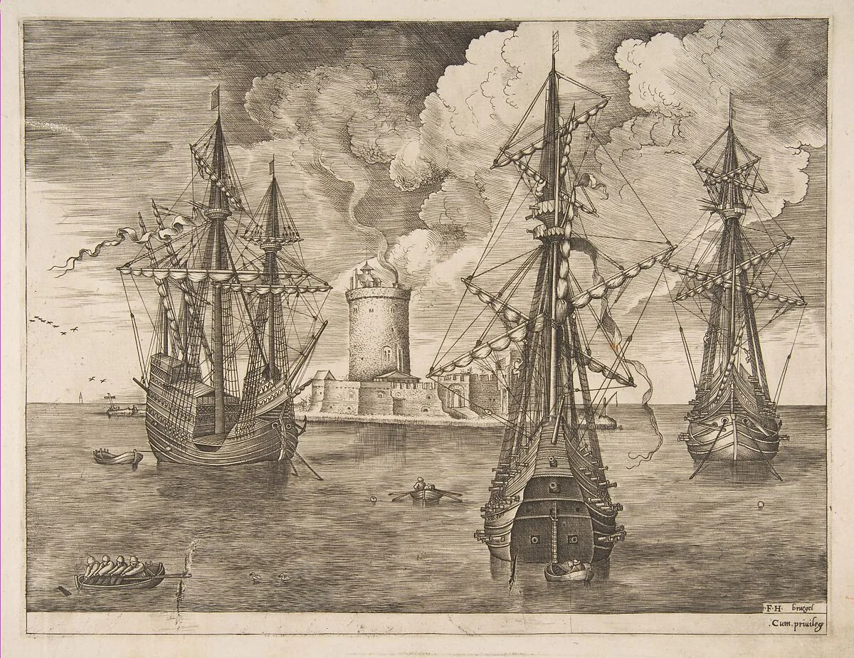 Four-Master (Left) and Two Three-Masters Anchored near a Fortified Island with a Lighthouse from The Sailing Vessels — Pieter Bruegel the Elder|Frans Huys|Hieronymus Cock