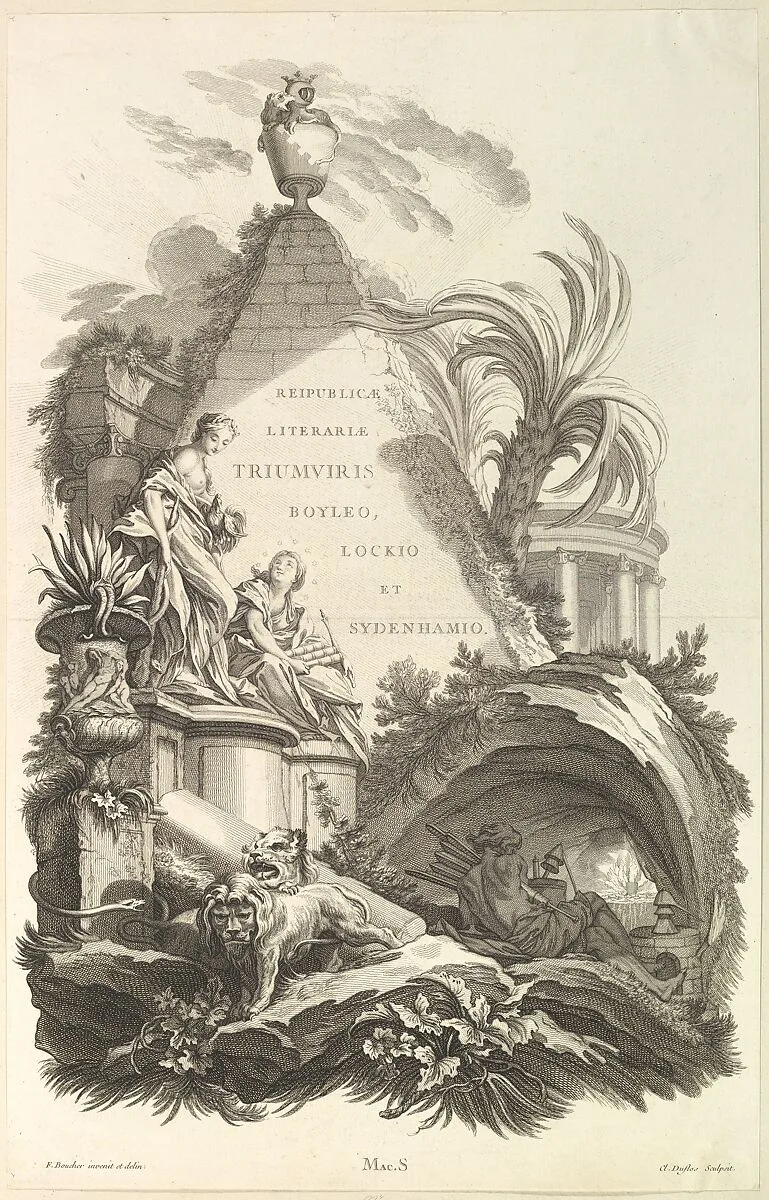 Frontispice pour le "Tombeau de Boyle, Locke, et Sydenham" (Frontispiece for the "Tomb of Boyle, Locke, and Sydenham"), from Tombeaux des Princes, des Grands Capitaines et autres Hommes illustres (Tombs of Princes, Great Captains, and other Illustrious Men) — François Boucher|Eugene MacSwiny|Claude Augustin Duflos le Jeune