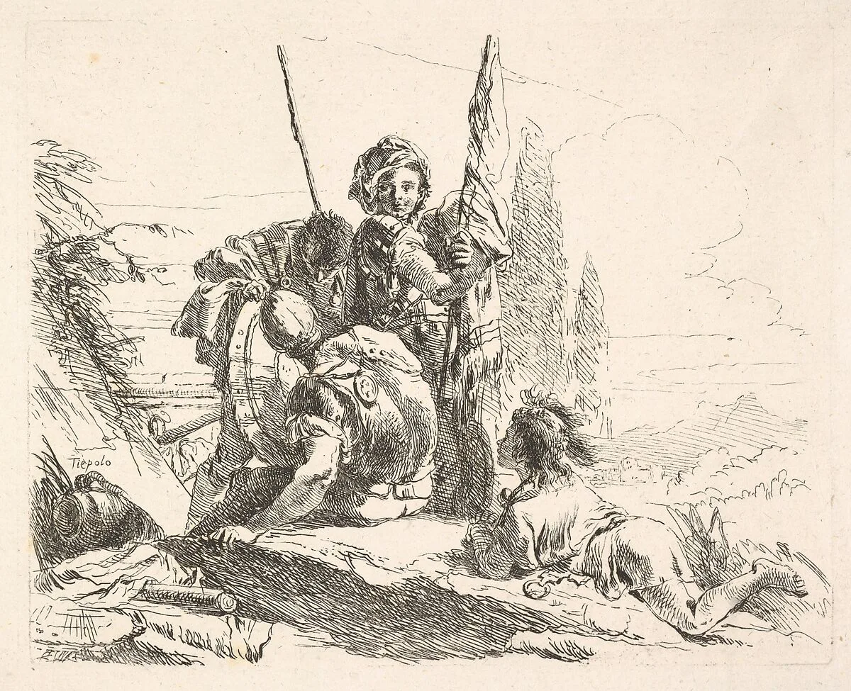 Three soldiers and a youth lying on his abdomen in a landscape, the soldiers bear armor and a flag, from the series 'The Capricci' — Giovanni Battista Tiepolo