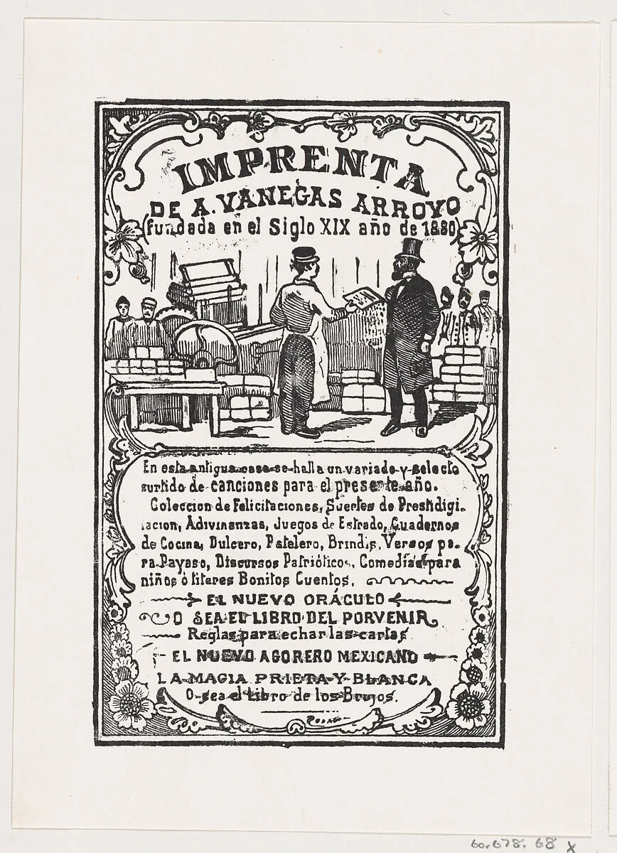 A print shop with a printer handing something to a gentleman, from the broadside 'Imprenta de A. Vanegas Arroyo,' published by Antonio Vanegas Arroyo — José Guadalupe Posada|José Sanchez