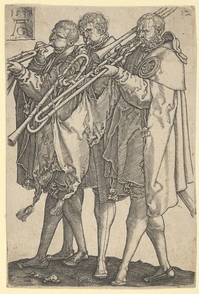Three Trombonists, from "The Large Wedding Dancers" — Heinrich Aldegrever