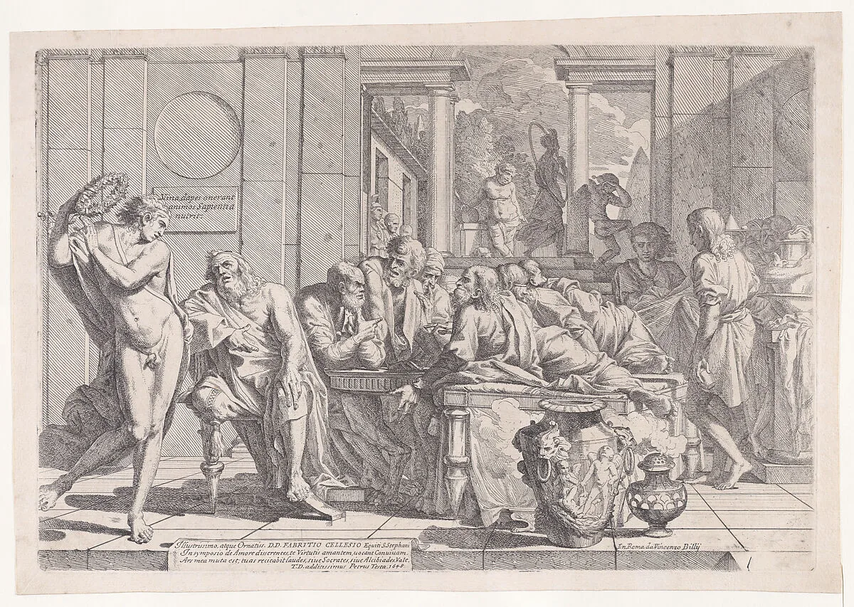 Plato's symposium: Socrates and his companions seated around a table discussing ideal love interruputed by Acibiades at left — Pietro Testa|Vicenzo Billi