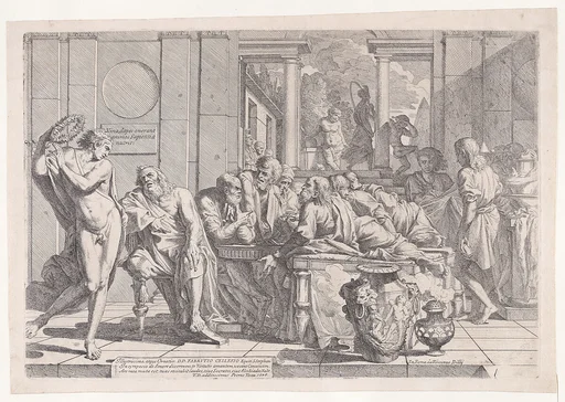 Plato's symposium: Socrates and his companions seated around a table discussing ideal love interruputed by Acibiades at left