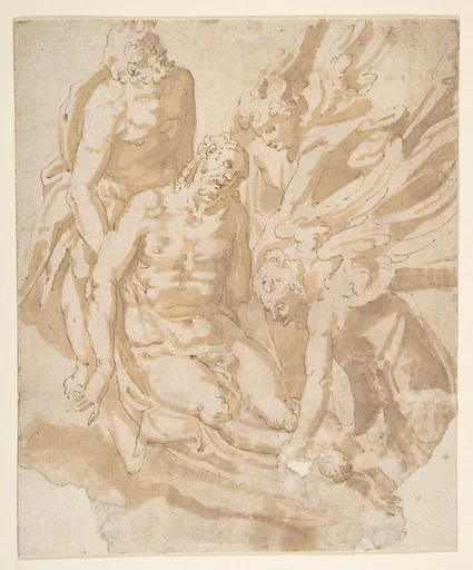 Design of Dead Christ Supported by Two Angels a Saint