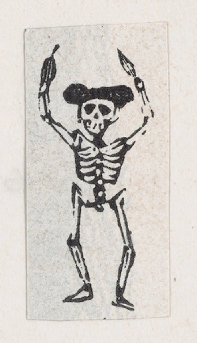Skeleton standing with his arms raised — José Guadalupe Posada