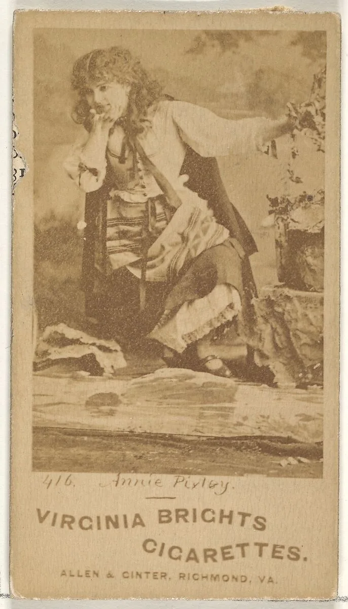 Card 416, Annie Pixley, from the Actors and Actresses series (N45, Type 1) for Virginia Brights Cigarettes — Allen & Ginter