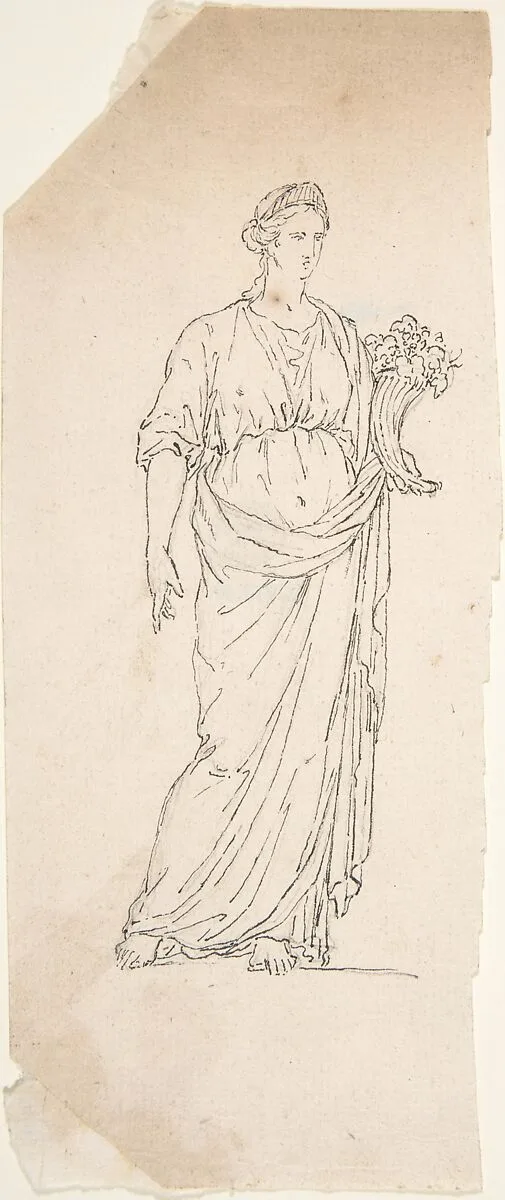 Drawing of Female Statue with Cornucopia — Anonymous, French, 18th century