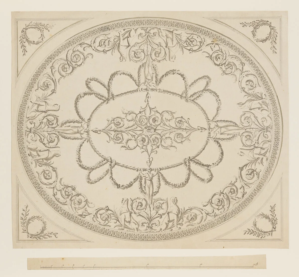 Design for a Ceiling, an Oval within a Square, having a Criss-cross Border to the Oval, for Ampthill Park, Bedfordshire — Sir William Chambers