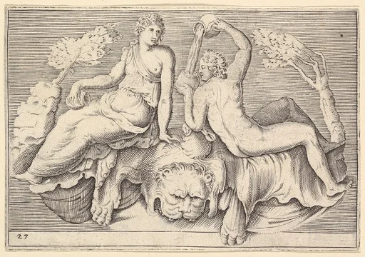 Woman and Man Seated on Lionskin, Man Pouring Wine, from "Ex Antiquis Cameorum et Gemmae Delineata/ Liber Secundus/et ab Enea Vico Parmen Incis"