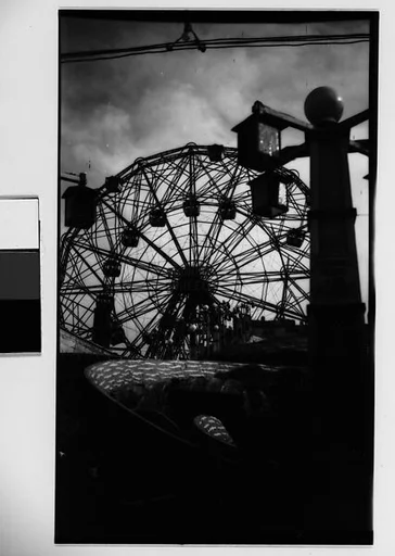 ["Wonder Wheel" and "Virginia Reel" Rides with Hanging Lamps and Cables, Coney Island, New York]