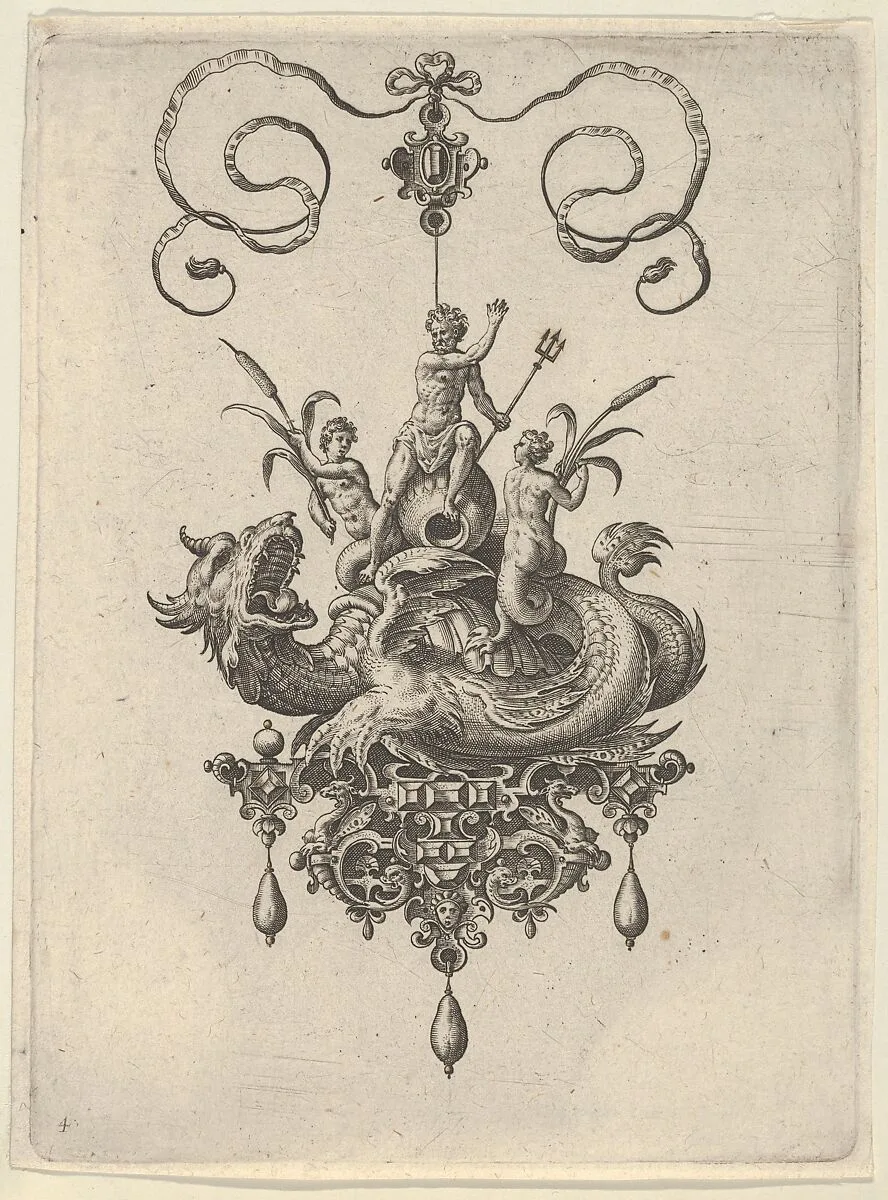 Pendant Design with a Sea Monster Carrying Neptune Flanked by Two Nerieds — Jan Collaert I|Philips Galle|Adriaen Collaert