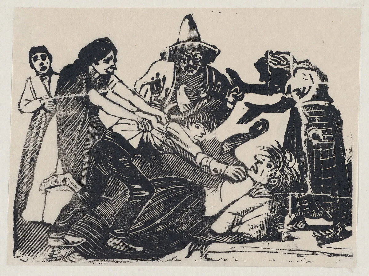 A son strangling his mother while people try to pull him off — José Guadalupe Posada