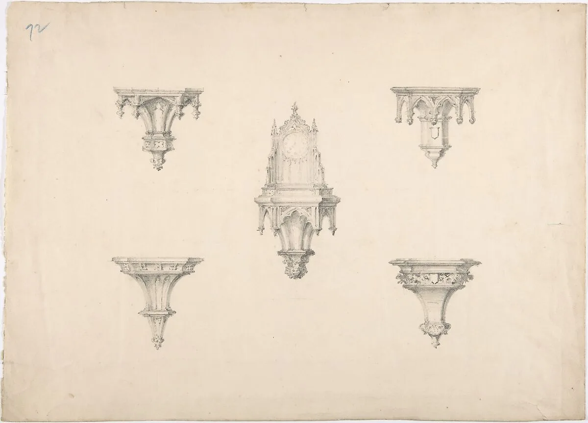 Design for Five Medieval Brackets, the Central One Bearing a Clock — Anonymous, British, 19th century