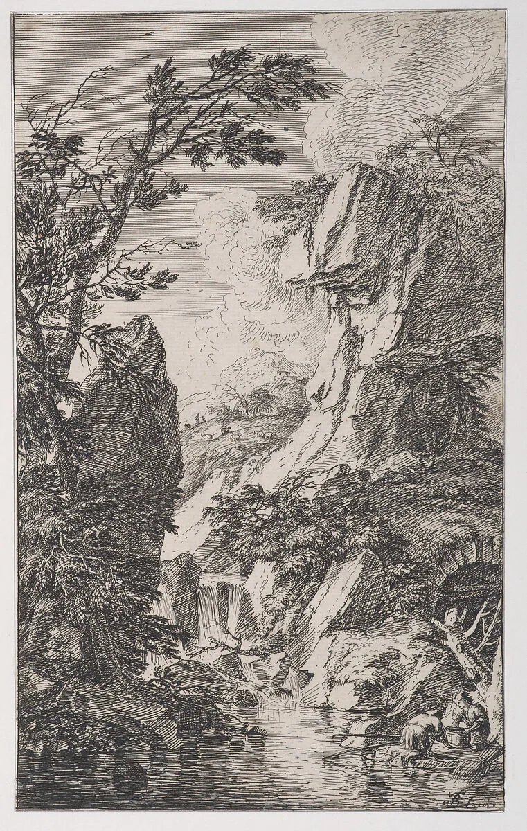 Plate 4: two fishermen on the bank of a stream at right, a waterfall at center, from 'Landscapes in the manner of Salvator Rosa' (Die Landschaften in Sal. Rosa's) — Franz Joachim Beich