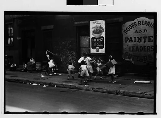 [Two 35mm Film Frames: Children Playing on Sidewalk, Greenwich Village, New York City]