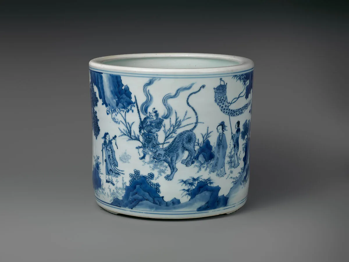 明崇禎 景德鎮窯青花封神演義人物圖筆筒|Brush holder with scene from Investiture of the Gods — Unknown