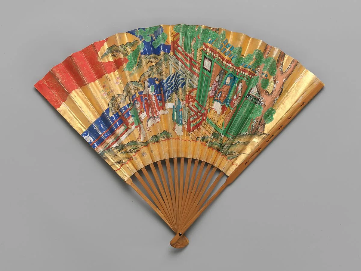 西王母穆王・梅若松図中啓|Chūkei Fan with Queen Mother of the West and King Mu of Zhou (obverse) and Plum Tree and Young Pines (reverse) — Unknown
