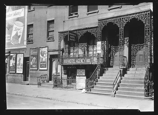 [Bismarck Hotel Agency Façade with Cast-Iron Grillwork on Balcony, New York City]