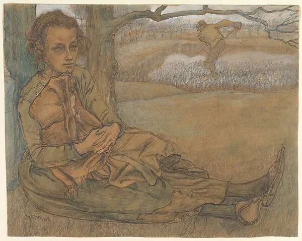 Woman and Child Resting, a Man Working in the Field Beyond — Jan Toorop