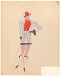 Drawing for a female theatrical costume with matching gray jacket and shorts, red waistcoat and hat — Vincente Minnelli