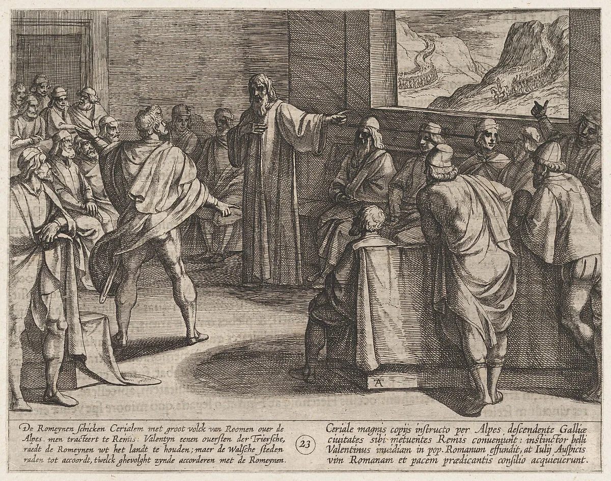 Plate 23: Conference on What Steps to Take Upon the Romans' New Troops Approaching Across the Alps, from The War of the Romans Against the Batavians (Romanorvm et Batavorvm societas) — Antonio Tempesta|Otto van Veen