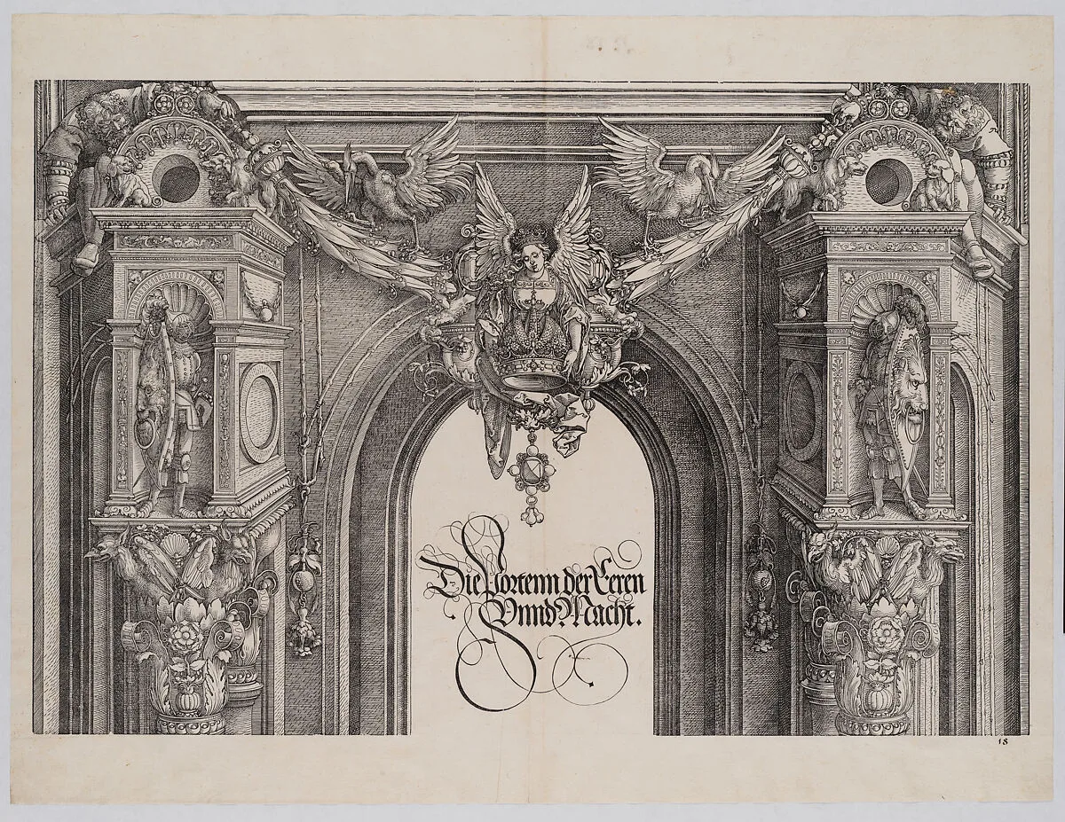 The Upper Section of the Entryway to the Central Portal with a Winged Figure Holding the Imperial Crown, from the Arch of Honor, proof, dated 1515, printed 1517-18 — Albrecht Dürer|Hans Springinklee|Wolf Traut|Hieronymus Andreae