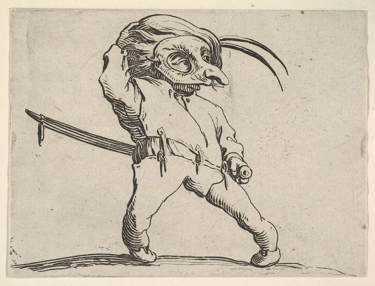 Masked, small male figure with right hand grasping hat and left hand grasping sword hilt, from the series 'Varie figure gobbi' — Jacques Callot