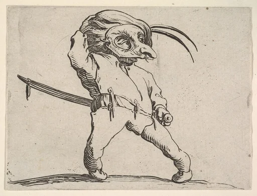 Masked, small male figure with right hand grasping hat and left hand grasping sword hilt, from the series 'Varie figure gobbi'