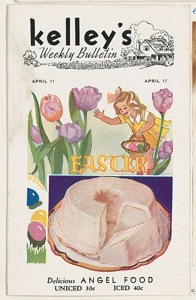 Kelley's Weekly Bulletin including cards from the Airplanes of America series (D2) to be cut out and pasted in album, issued by the Kelley Baking Company to promote Kelley's Bread. Easter edition, April 11-17, includes Aeronca Model LA card — Kelley Baking Company