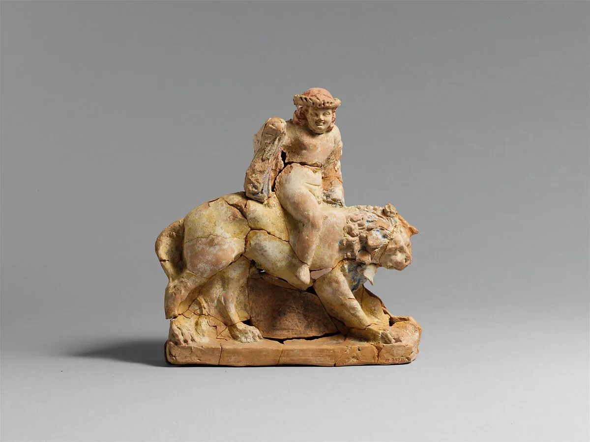 Terracotta statuette of Eros on a lion — Unknown