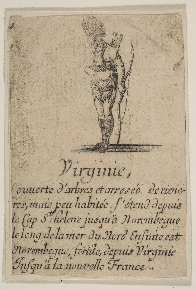 Virginia, from the playing cards "Jeu de la Géographie" — Stefano della Bella|Jean Desmarets de Saint-Sorlin|Henri Le Gras|Louis XIV, King of France|Cardinal Jules Mazarin