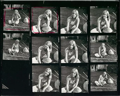 [3 Original Annotated Contact Sheets of Young Woman Seated on Lawn and in Car]