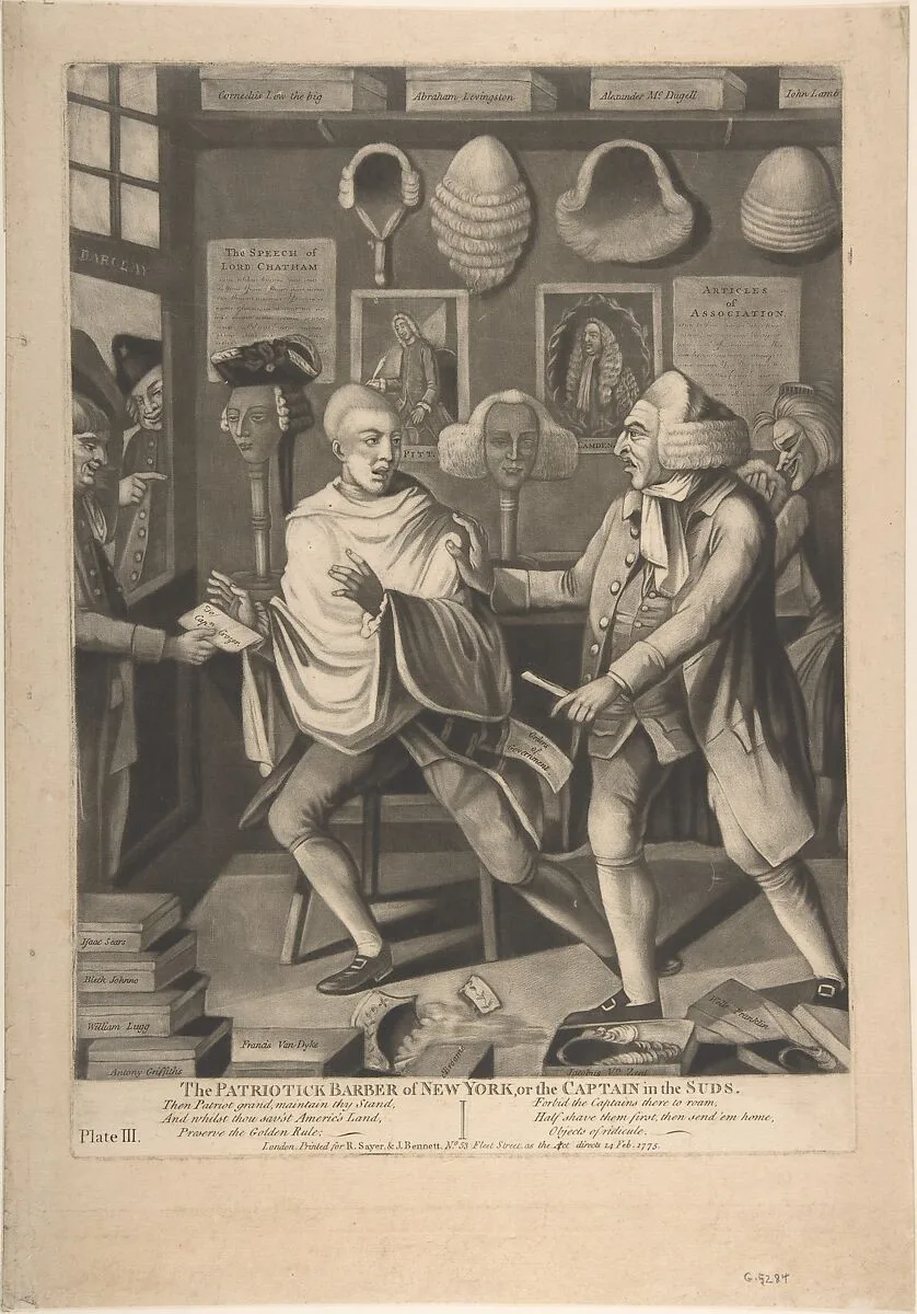 The Patriotick Barber of New York, or the Captain in the Suds — Philip Dawe|R. Sayer and J. Bennett