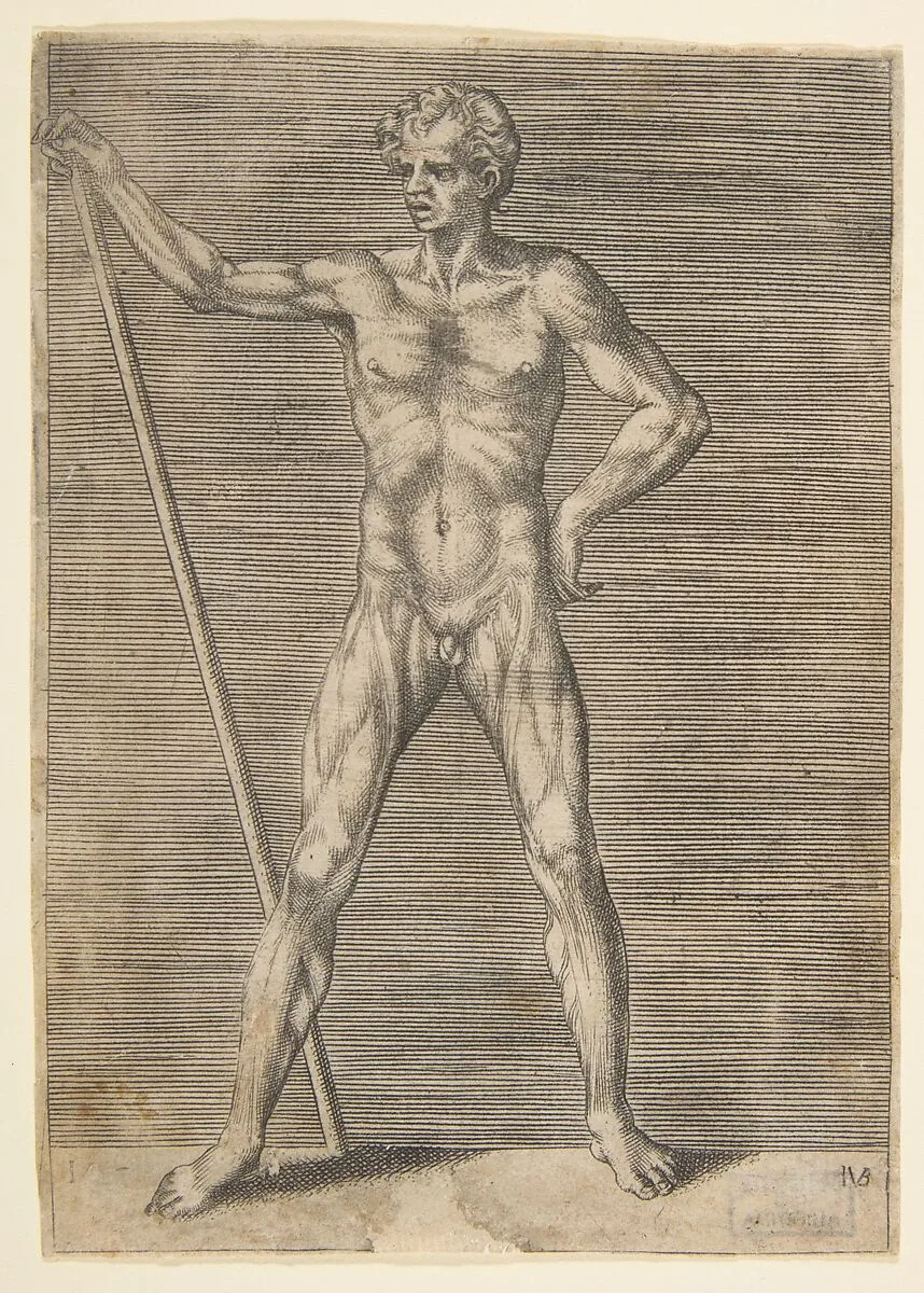 Flayed man seen from in front, holding a stick — Giulio Bonasone