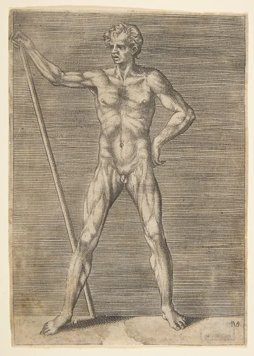 Flayed man seen from in front, holding a stick