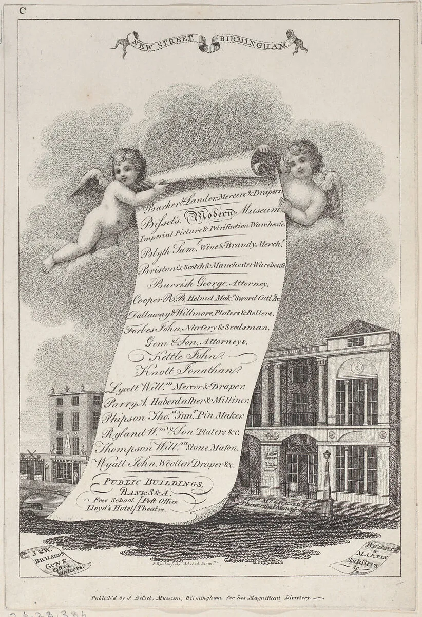 Trade Card for New Street., Birmingham — James Bisset|Swinney and Hawkins|Francis Eginton|Thomas Hancock
