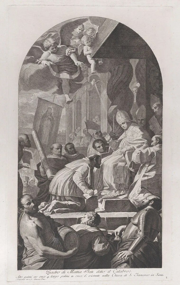 Plate 8: Canonization of Saint Catherine of Siena; Pius II seated on a throne at right, blessing his nephew, Francesco Todeschini Piccolomini, who kneels before him; after Mattia Preti — Mattia Preti (Il Cavalier Calabrese)|Giuliano Traballesi