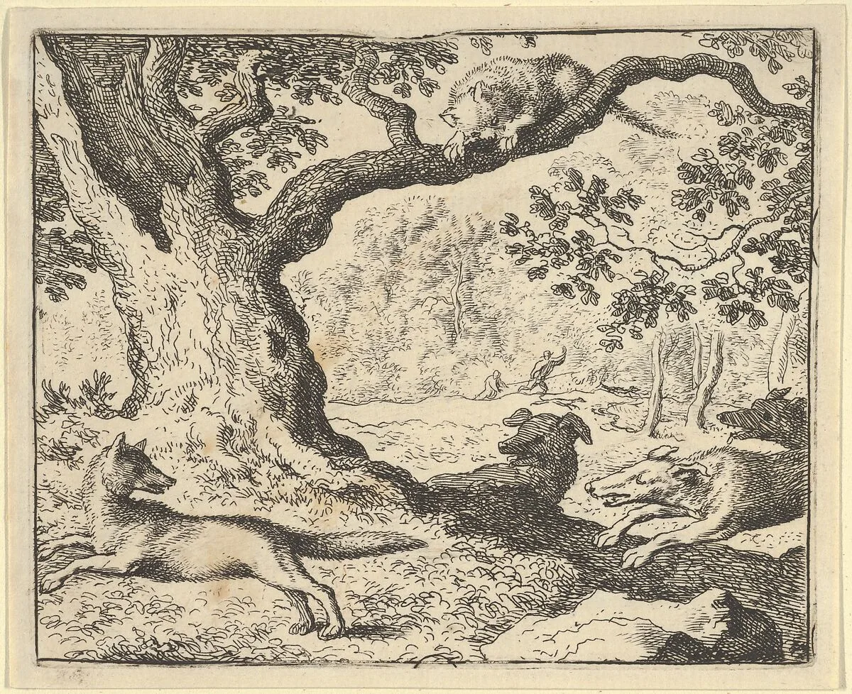 Following Renard's False Story, His Father Is Chased by Hunting Dogs from Hendrick van Alcmar's Renard The Fox — Allart van Everdingen
