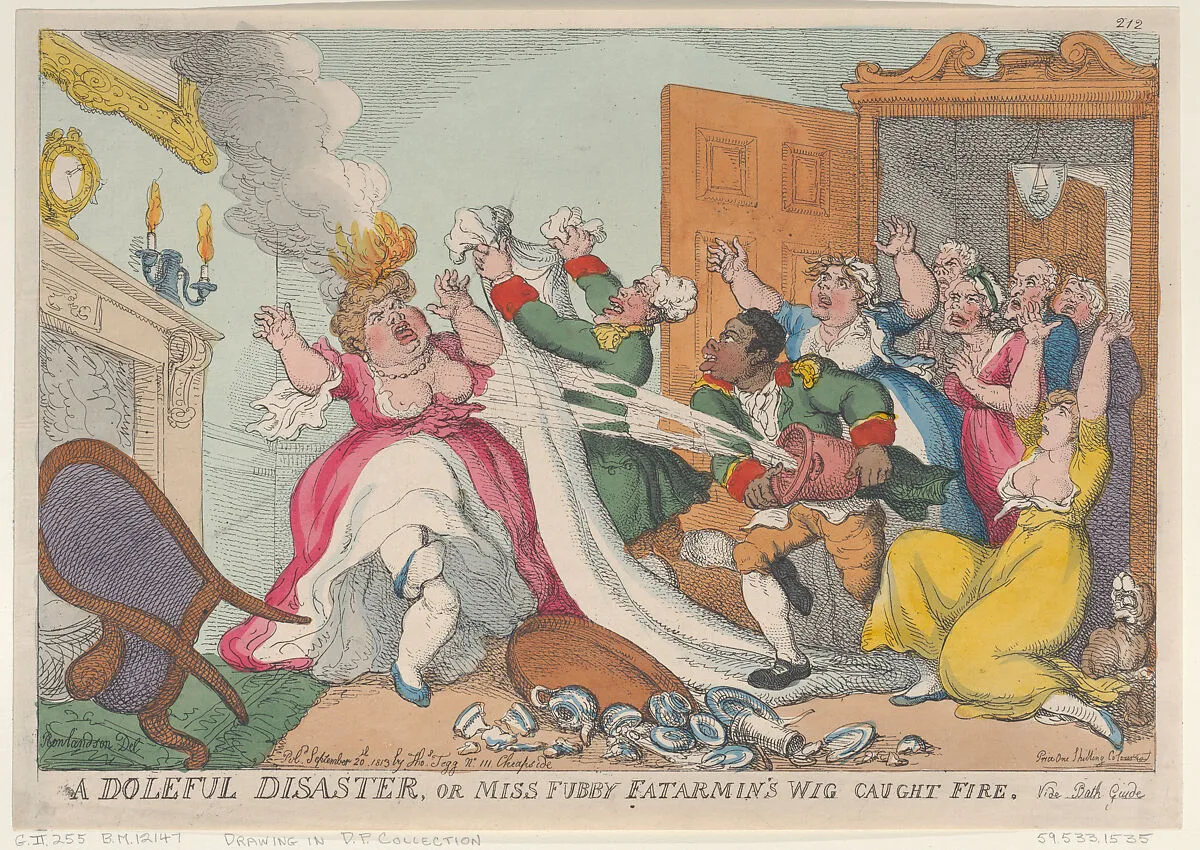 A Doleful Disaster, or Miss Fubby Fatarmin's Wig Caught Fire — Thomas Tegg|Thomas Rowlandson