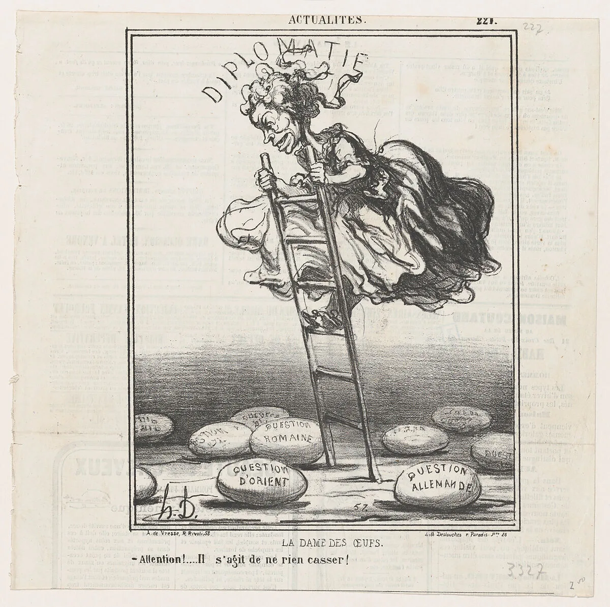 The lady of the eggs: Watch out! It's important not to break any of them!, from 'News of the day,' published in Le Charivari, November 24, 1866 — Destouches|Honoré Daumier|Arnaud de Vresse